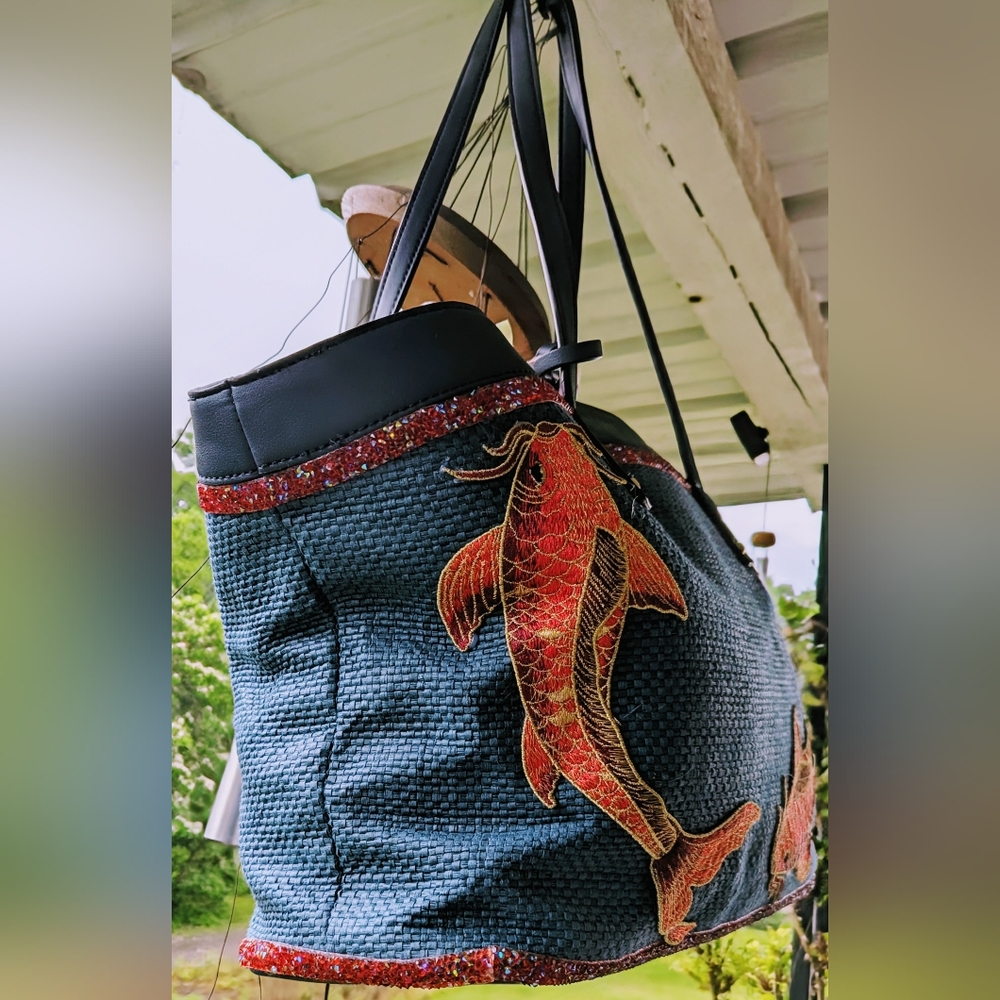 UPCYCLED ๐ ๐ DON'T BE KOI ๐๐ Leather/Woven Cotton TOTE๐ฟ PEACE GARDEN DESIGNS - Picture 6 of 15